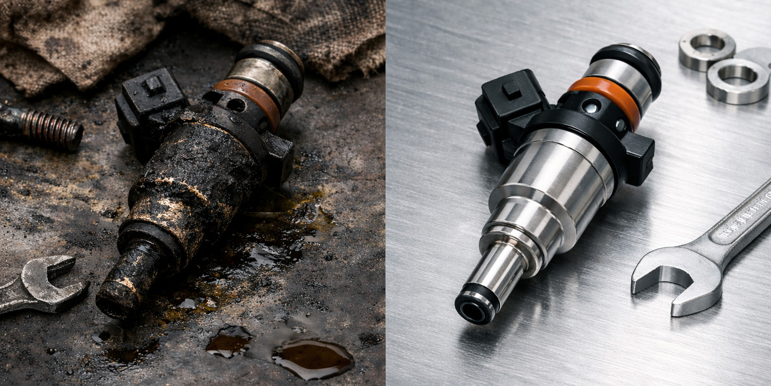 Загрязненная и очищенная форсунки